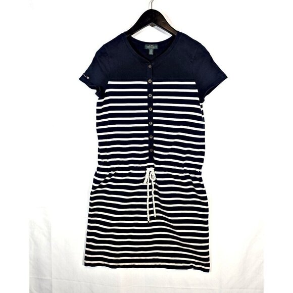 LRL Ralph Lauren Size M Cotton Tie Waist Dress Nautical Navy Stripe Mini Sailor - Picture 1 of 6